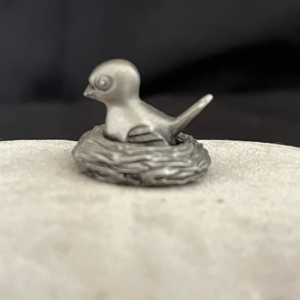 Tiny Pewter Bird in Nest